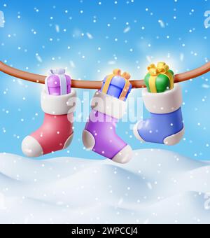 3D-Weihnachtsstrumpf am Seil voller Geschenke, farbige Socke im Schnee. Pender Christmas Cloth Socken. Weihnachtsdekoration zum Aufhängen für Geschenke. Neujahr und Xma Stock Vektor