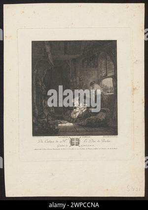 Zeigt eine Familienszene, die um 1780 entstanden ist, mit Werken von Jacques Philippe Le Bas, Rembrandt van Rijn und Pietro Antonio Martini. Die Komposition spiegelt die europäische Grafik- und Gravurtradition des 18. Jahrhunderts wider. Stockfoto