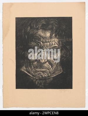 1929 grafisches Kunstwerk von W. Adys Aw Skoczylas, das den Komponisten Ludwig van Beethoven darstellt und ausdrucksstarke und stilisierte Merkmale hervorhebt. Stockfoto