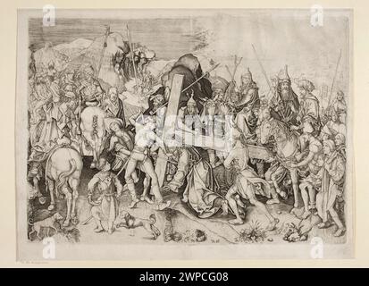 Stich aus dem 15. Jahrhundert, der die Passionsszene Christi mit dem Kreuz zeigt, mit Kreuzen, Hunden, Figuren und religiöser Ikonographie. aus der Sammlung des Schlesischen Museums. Stockfoto