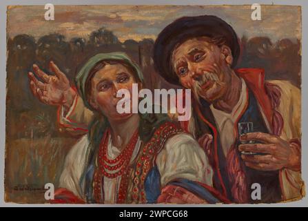 Ein Gemälde mit dem Titel „Ein Paar Wissen“ von Wincenty Wodzinowski, das Anfang des 20. Jahrhunderts entstand und die polnische figurative Kunst und die häusliche Szenenkomposition darstellt. Stockfoto