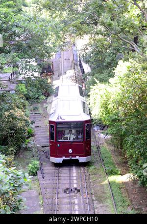 Die Peak Tram steigt den Berg in Richtung Peak Station in Hong Kong. Stockfoto