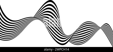 Schwarzes und weißes, gewelltes, gebogenes Bandelement. Hintergrund der 3D-Kurvenstreifenform. Flüssige abstrakte Linien Tapete für Banner, Cover, Poster, Präsentation, Broschüre. Optische Illusionskunst im Hintergrund. Vektor Stock Vektor