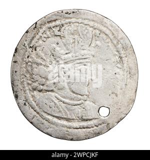 Diese Drachme, geprägt unter Schapur II. Von 309 bis 379 n. Chr., zeigt sassanische Münzprägungen und persische Metallarbeiten. Stockfoto