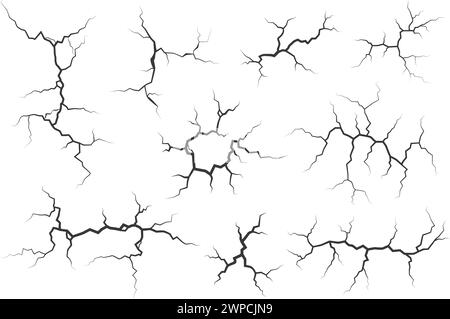 Wandrisse mit gebrochener Textur. Erdbebeneffekt am Boden. Lochlinien auf der Erde und Eis isoliert auf weißem Hintergrund. Steinzerstörung Kratzer. Vektor Stock Vektor