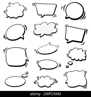 Abstrakter Vektorsatz von Sprechblasen für Wörter und Text. Schwarze Kritzelei handgezeichnet. Isolierte Druckfarbe gezeichnete Dialogskizze für die Konstruktion. Stock Vektor