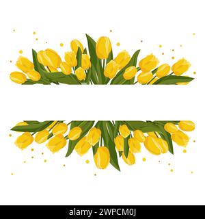 Rechteckiger Federrahmen mit gelben Tulpen für Wörter und Text. Vektor-Hintergrundschablone mit Blumen für Design, Grußkarte, Banner, Brett, Flye Stock Vektor