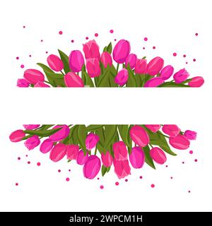 Rechteckiger Federrahmen mit pinkfarbenen Tulpen für Wörter und Text. Vektor-Hintergrundschablone mit Blumen für Design, Grußkarte, Banner, Brett, Flyer, Stock Vektor