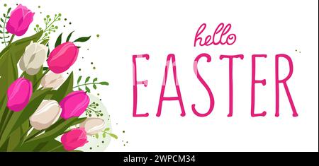 Frühlingsstrauß mit rosa und weißen Tulpen und Gras mit Text Ostern. Vektor-Hintergrundschablone mit Blumen für Design, Grußkarte, Banner, Brett Stock Vektor