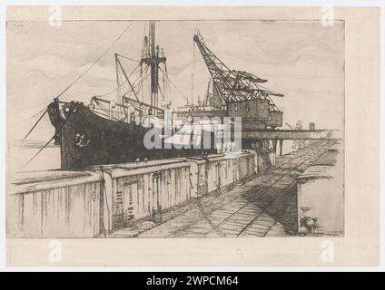 Gdynia - Hafen; Verso: Der Altstädter Ring in Warschau; Care, Ignacy (1865-1941); 1932 (1932-00-00-1932-00); Gdynia (Woiwodschaft Pommern), Ostsee, Altstädter Ring (Warschau), Warschau (Woiwodschaft Masowien), polnische Grafiken, Mietshaus unter St. Anna (Warschau), Kamienice, Kolej (Verkehr), Eisenbahn, See, Polen (Kultur), Häfen, Schiffe, Verkehr, Łopieński, Ignacy (1865-1944), Łopieński, Ignacy (1865-1944)-Sammlung, Segeln (Transport), Kräne (Archite). Stockfoto