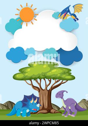 Bunte Dinosaurier unter einem Baum mit einem fliegenden Drachen Stock Vektor