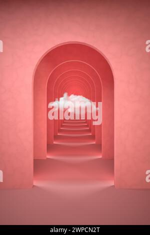 Abstraktes pinkfarbenes surreales 3D-Rendering mit weißer Wolke. Bogengang mit pastellrosa Hintergrund Stockfoto