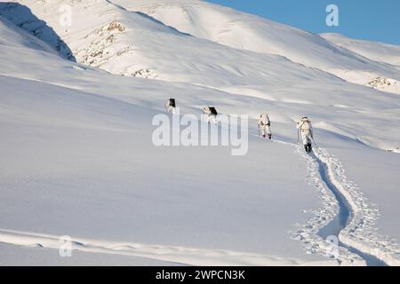 Grönland. März 2024. Die Green Berets und die dänischen Special Operation Forces führen am 1. März 2024 ein integriertes Training in den Bergen von Mestersvig, Grönland, durch. Während der Arctic Edge 24 trainierten mehr als 400 gemeinsame und alliierte Spezialoperatoren unter extremen Kälte, um die SOF-Bereitschaft in einzigartigen Spezialgebieten wie Bränden und Bewegungen auf weitem Weg, Spezialaufklärung, schnelle Nachversorgung, Personalerholung und medizinische Versorgung in der strengen arktischen Umgebung zu schärfen. (Foto: Andrew Estrada) (Foto: © U.S. Army/ZUMA Press Wire) REDAKTIONELLE VERWENDUNG ONL Stockfoto