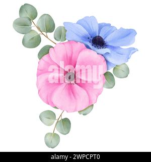 Aquarellstrauß aus rosa und blauen Anemonen mit Eukalyptuslaub. Ideal, um Veranstaltungsdekorationen, Schreibwaren oder einen Farbakzent zu verleihen Stockfoto