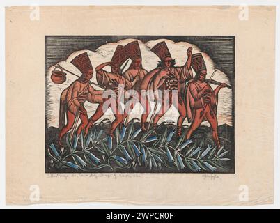 Illustration mit dem Titel „Marsch der Räuber“ von Władysław Skoczylas, erstellt 1929, die eine Gruppe von Räubern in Bewegung zeigt. Das Werk zeigt dynamische Komposition, Charakterfiguren und erzählerische Elemente, die für Skoczylas’ grafischen Stil typisch sind. Stockfoto