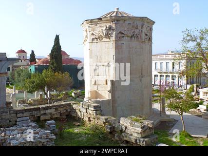 Turm der Winde oder die Uhr der Kyrresten, unglaubliche Architektur aus der klassischen Ära, in der römischen Agora von Athen, Griechenland Stockfoto