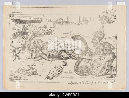 Poster um 1908, das allegorische Darstellungen des Panels nach der Restaurierung der osmanischen Verfassung zeigt, erstellt von Władysław Semerau-Siemianowski als gelegentlicher Druck, der islamische und türkische Kunststile widerspiegelt. Stockfoto