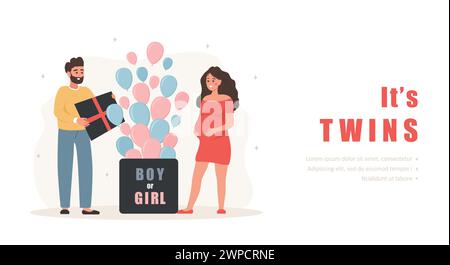 Gender Reveal Party Konzept. Seine Zwillinge. Überraschungsgeschenk zur Familieneröffnung mit der Aufschrift Junge oder Mädchen. Blaue und pinkfarbene Ballons. Vorlage für Landing-Page Stock Vektor