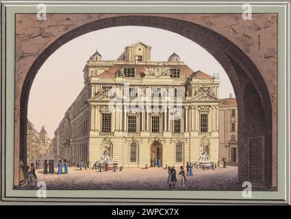 Ein Stich von Tranquillo Mollo aus den Jahren 1818–1823, der das Gebäude der Wiener Universität zeigt und dessen Fassade, Fenster und architektonische Details betont. Stockfoto