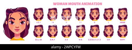 Woman Mouth Animationskit. Zeichentrickvektor-Illustration Set des jungen weiblichen Charaktergesichts mit verschiedenen Positionen der Lippen und der Zunge während des Sprechens und Aussprache des englischen Alphabets für Animation. Stock Vektor