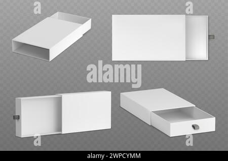 3D-Satz von Objektträgern isoliert auf grauem Hintergrund. Realistische Illustration des offenen und geschlossenen weißen Pappkartons, Kartonverpackungsmodell, rechteckiger leerer Papierbehälter für Geschenkpaket Stock Vektor