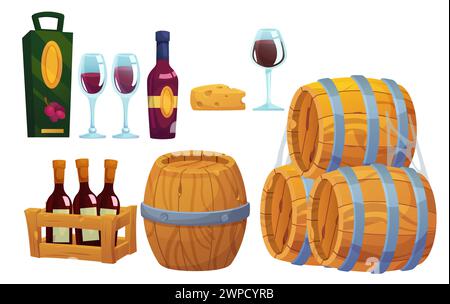 Weinlagerung und Trinken. Zeichentrickvektor Illustration Set von Traubenalkohol Getränk Elemente - gereifte Holzfässer und -Box, Flaschen und Gläser mit Rotwein, Käse Stock Vektor