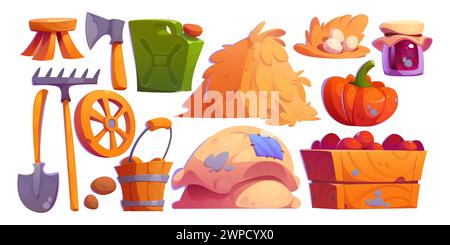 Gemüsefarm Design isoliert auf weißem Hintergrund. Vektor-Karikaturillustration von Kürbis, Eimer mit Kartoffeln, hölzerne Kiste mit Tomaten, Eier, Glas mit Marmelade, landwirtschaftliche Instrumente, Heuhaufen Stock Vektor