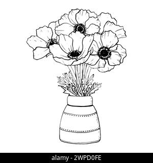 Anemonen Wildblumenstrauß in Keramikvase Stock Vektor