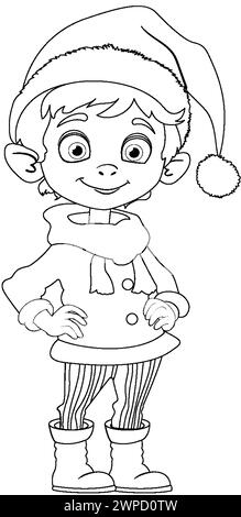 Schwarz-weiß-Illustration eines glücklichen Elfs. Stock Vektor