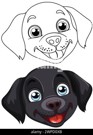 Zwei Zeichentrickhunde, einer farbig und einer umrissen. Stock Vektor