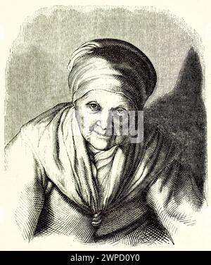 Porträt einer älteren Frau mit Turban und Schal. Von unbekanntem Autor, veröffentlicht auf Magasin Pittoresque, Paris, 1852. Stockfoto