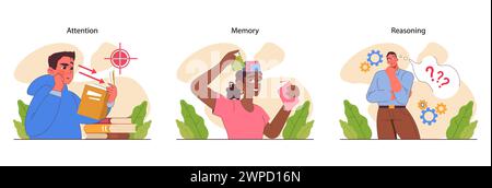 Kognitive Fähigkeiten. Menschliche kognitive Funktion, Fähigkeit oder Fähigkeit, Daten zu verarbeiten. Intellekt-Entwicklung. Motorik und Lernfähigkeit, Gedächtnis und Aufmerksamkeit. Illustration des flachen Vektors Stock Vektor