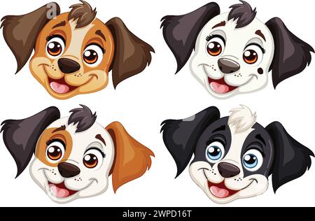 Vier Cartoon-Hündchengesichter mit unterschiedlichen Ausdrücken. Stock Vektor