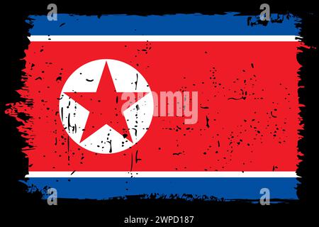 Nordkorea-Flagge - Vektorflagge mit stilvollem Kratzeffekt und schwarzem Grunge-Rahmen. Stock Vektor