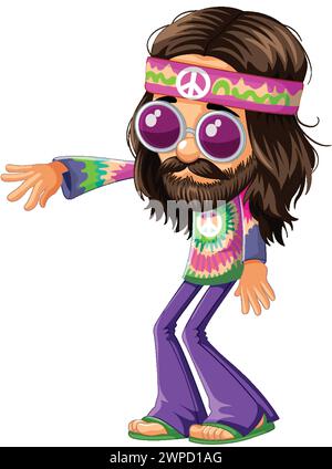 Farbenfroher Hippie mit Friedensschild und Sonnenbrille. Stock Vektor