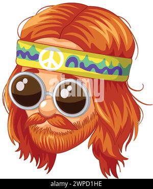 Cartoon Hippie Kopf mit Sonnenbrille und Bandana. Stock Vektor