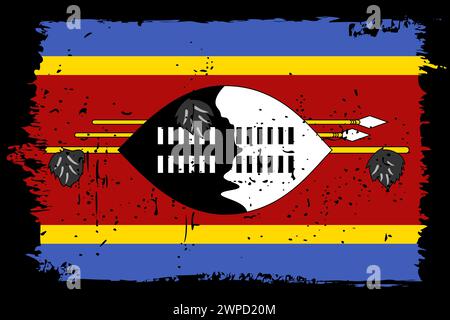 Eswatini Flagge - Vektorflagge mit stilvollem Kratzeffekt und schwarzem Grunge Rahmen. Stock Vektor