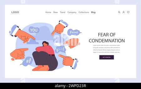 Webbanner oder Landing-Page mit Angst. Charakterpsychische Gesundheitsprobleme. Frau, die mit psychologischem Stress fertig wird. Psychische Störung emotionale und körperliche Symptome. Illustration des flachen Vektors Stock Vektor
