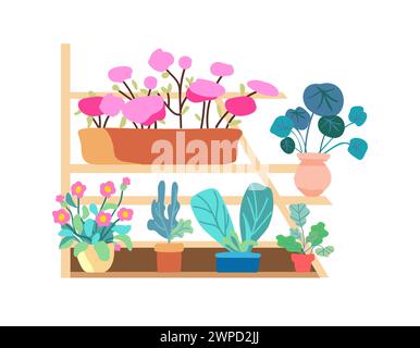 Sammeln Sie Frühlingsblumen und Blätter im Topf. Blühende Pflanzen. Blühende Blumen und Laub. Flache grafische Vektorillustration auf weißem Hintergrund. Bunte handgezeichnete Illustration Stock Vektor