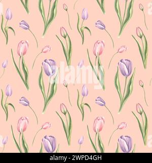 Nahtloses Muster aus violetten rosa Tulpen mit Blättern auf pfirsichfarbenem Hintergrund. Hand gezeichnet Aquarell Illustration Garten Frühlingsblüte. Vorlage für Fab Stockfoto