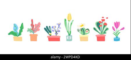 Sammeln Sie Frühlingsblumen und Blätter im Topf. Blühende Pflanzen. Blühende Blumen und Laub. Flache grafische Vektorillustration auf weißem Hintergrund. Bunte handgezeichnete Illustration Stock Vektor