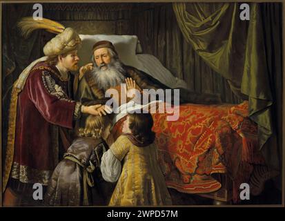 Niederländische Malerei aus der Mitte des 17. Jahrhunderts mit biblischen Figuren Jakob, Joseph von Arimathea und Manasses, einschließlich Innenszenen und europäischer Kunstsammelprovenienz. Stockfoto