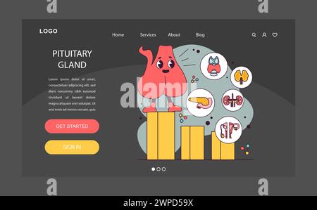 Hypophysenanatomie Webbanner oder Landing-Page im Nacht- oder Dunkelmodus. Menschliches endokrines System, Gehirn und Hypothalamus. Die Hormonproduktion der inneren Organe. Illustration des flachen Vektors Stock Vektor