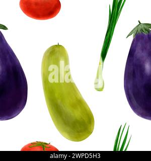 Pflanzliches nahtloses Muster in Aquarell, handgezeichnet. Auberginen, Tomaten, Zucchini, Zwiebeln. Für Küchentextilien, Tapeten, Menü, Verpackungsdesign Stockfoto
