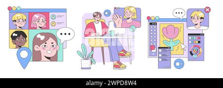 Online-Kommunikation festgelegt. Virtuelle Meetings und Videoanrufe mit verschiedenen Personen. Anruf annehmen, Video ablehnen, Profilauswahl. Illustration des flachen Vektors. Stock Vektor