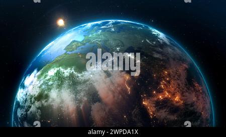 Planet Erde hochwertige detaillierte Geographie volumetrische Wolken Sonnenaufgang Nacht- und Tagesschicht Stadtlichter 3D Illustration Stockfoto