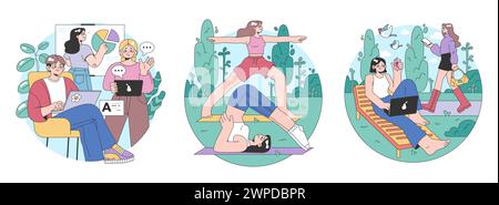 Ideenset an dritter Stelle. Soziale Umgebung, getrennt von Zuhause und Arbeitsplatz. Community Life Building, People Interaction und Kommunikationszone. Illustration des flachen Vektors Stock Vektor