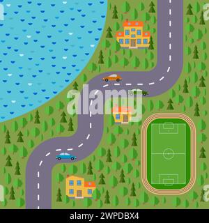 Plan des Dorfes. Landschaft mit Straße, Wald, See, Stadion, Autos und Häusern. Vektorabbildung Stock Vektor