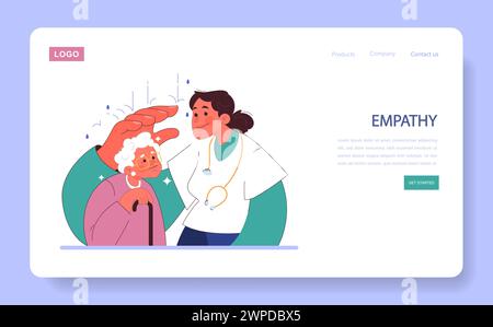 Humanisierung des Web-Banners oder der Landing-Page im Gesundheitswesen. Moderner ärztlicher Ansatz zur ärztlichen Behandlung und Patientenbetreuung. Empathie des Arztes, ethische Verpflichtung und Allianz. Illustration des flachen Vektors Stock Vektor