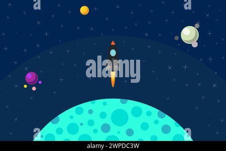 Die Rakete wird vom Planeten entfernt. Die Rakete im Weltraum. Raumfahrt. Vektor-Illustration mit fliegenden Raketen. Stock Vektor